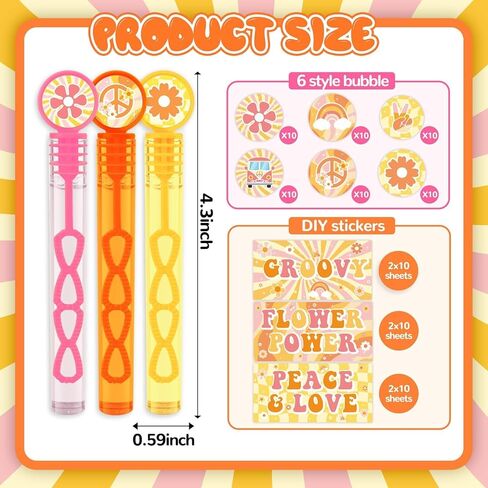 60 Pcs Groovy Hippie Bubble Wands - Retro Hippie Daisy Party Favors Mini Bubble Wand with DIY Stickers for 70s Boho Birthday Kids Goodie Bag Stuffers Baby Shower Wedding Anniversaries Supplies in Saudi Arabia