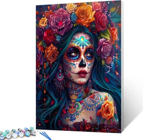 Aihonmin Plant Paint by Numbers Kits for Adult Day of The Dead Halloween Woman Painting Kits Sugar Skull Paint by Numbers Kits on Canvas Perfect for Gift Home Wall Decor Without Framed 16''W x 20''H in Kuwait