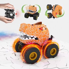 Dinosaur Remote Control Car,2.4GHz RC Monster Trucks for Boys 3 - 12 Year Old,360° Rotating RC Stunt Car Truck Toys with Spray,Light & Sound,All Terrain RC Cars Birthday Party Gift for Kids (Green)