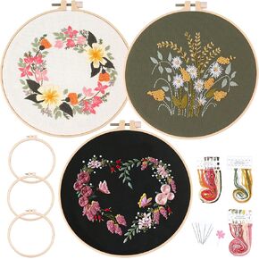 keke Full Series of Beginner Embroidery Kits Embroidery Cloth with 3 Stamp Patterns 3 Bamboo Embroidery Stretches 6 Needles 1Scissors and Instructions (Yellow)