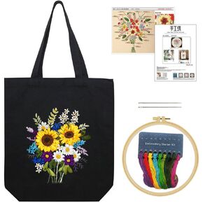 YANGSHINE Canvas Tote Bag Embroidery Kit for Beginners, Arts and DIY Crafts Kits with Pattern for Adults, Include Stamped Flower Pattern, Hoop, Color Threads and Tool (Black Bag, Sunflower)