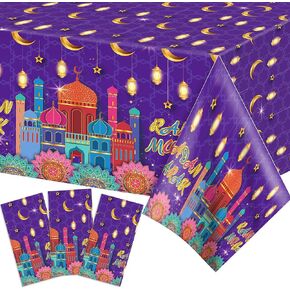 Adirasenotek 3Pcs Blue Tablecloth Ramadan Mubarak Tablecloths,54x87In Plastic Table Covers,Disposable Ramadan Tablecloth for Home, Kitchen, Party,Baby Showers,Outdoor Decoration(Blue)