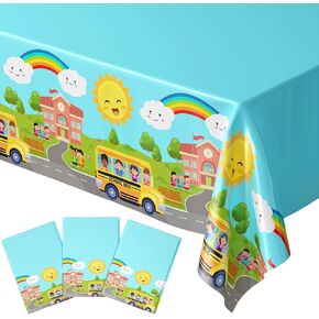 Blue Orchards School Bus Tablecovers (Pack of 3) - School Bus Wheels Tablecloth, Kindergarten Graduation Decorations, Party Supplies