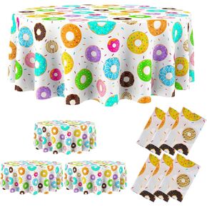 Oudain 6 Pack 84 بوصة جولة الجولة Donut Table Donut Donut Party Party Decorations البلاستيك أغطية طاولة موضوع دونات يمكن التخلص منها لحفلات أعياد الميلاد ، حمامات الأطفال ، حفلات دونات