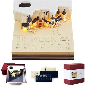 Time Piece Calendar 2025, Castle Desk Calendar 3D Art Carving Art Memo Pad Notepad Gift with LED Light, Desktop Calendar Crafty Desktop Paper Decorative Sculpture with Pen Holder Weekly Calendar