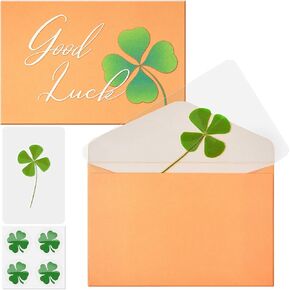 Lewtemi 4 Sets Four Leaf Green Clover Set St Patrick's Day Bookmarks with Yellow Envelope Irish Shamrock Good Luck Leaf Bookmarks for Smartphone Wallet Case Amulet Purse Coating Gift