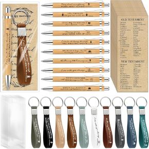 Gueevin 20 Sets Easter Christian Gift Bulk Bible Verse Bamboo Pens Prayer Religious Bookmarks Scripture Silicone Keychains Inspirational Ballpoint Pens for First Communion Men Women School Church