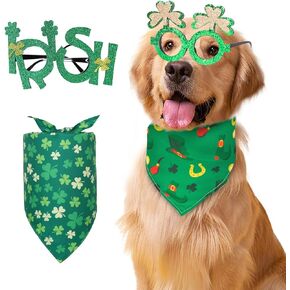 4 Pcs Sets Dog Costume Shamrock Dog Bandanas and Green Irish Eyeglass Frame Dogs Elf Costume Photo Props for Medium Large Dogs
