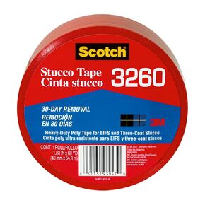Scotch Stucco Tape, 1.88 in x 60yd, 30 Day Clean Removal, Heavy-Duty Outdoor Stucco Tape, UV & Moisture Resistant, Water Resistant Poly Backing, 1 Roll, Red (3260-A)