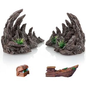 Dragon's Treasure Canyon Fish Tank Decor Rocks, Aquarium Decoration Model, Canyon with Shipwreck and Treasure Box