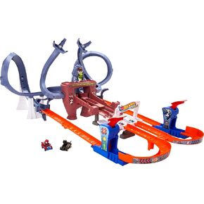 مجموعة مسار السيارات Hot Wheels ، سباق Spider-Man الذي يزداد على شبكة الإنترنت ، سباق تنافسي مع سيارتين يموتون: Spider-Man & Black Panther