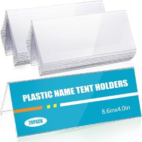 20 Pieces Clear Table Card Holders 8.6" x 4" Acrylic Name Plates for Desks Table Tents Name Tents Table Name Cards Clear Office Desk Accessories Business Conference Meeting Room School Display Stand