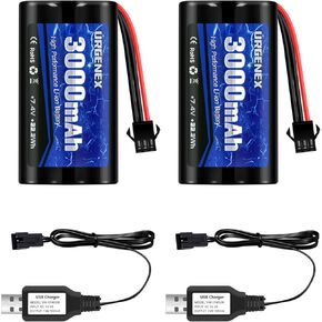 URGENEX 2S RC Battery 3000mAh 7.4V Li-ion Battery with SM3P Plug 2S Rechargeable RC Battery with 2 USB Chargers Fit for RC Toys RC Car Truck and RC Tank