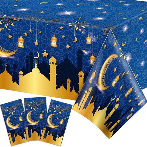 Adirasenotek 3Pcs Blue Tablecloth Ramadan Mubarak Tablecloths,54x87In Plastic Table Covers,Disposable Ramadan Tablecloth for Home, Kitchen, Party,Baby Showers,Outdoor Decoration(Blue) in Kuwait