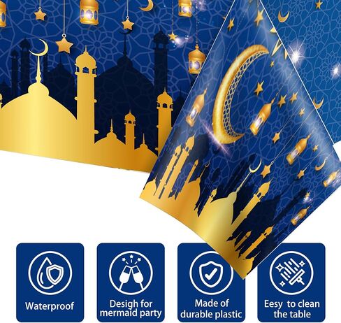 Adirasenotek 3Pcs Blue Tablecloth Ramadan Mubarak Tablecloths,54x87In Plastic Table Covers,Disposable Ramadan Tablecloth for Home, Kitchen, Party,Baby Showers,Outdoor Decoration(Blue) in Kuwait