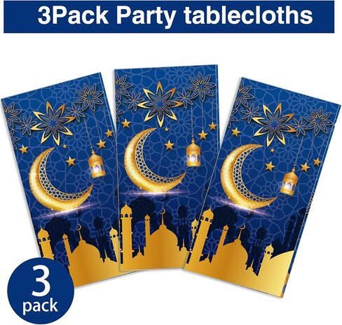 Adirasenotek 3Pcs Blue Tablecloth Ramadan Mubarak Tablecloths,54x87In Plastic Table Covers,Disposable Ramadan Tablecloth for Home, Kitchen, Party,Baby Showers,Outdoor Decoration(Blue) in Kuwait