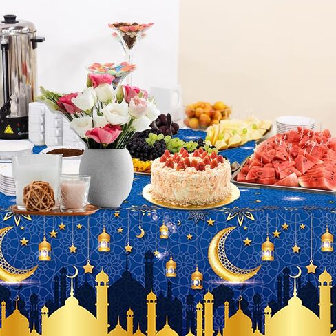 Adirasenotek 3Pcs Blue Tablecloth Ramadan Mubarak Tablecloths,54x87In Plastic Table Covers,Disposable Ramadan Tablecloth for Home, Kitchen, Party,Baby Showers,Outdoor Decoration(Blue) in Kuwait