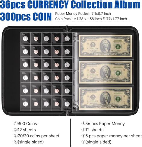 Fireproof Coin Collection Book Holder for Collectors, 300 Pockets Coin Collection Supplies & 36 Sleeves Money Storage Case, Waterproof Coin Collector Gifts, Coin Album, Bill, Pennies, Quarters, Stamp in Saudi Arabia