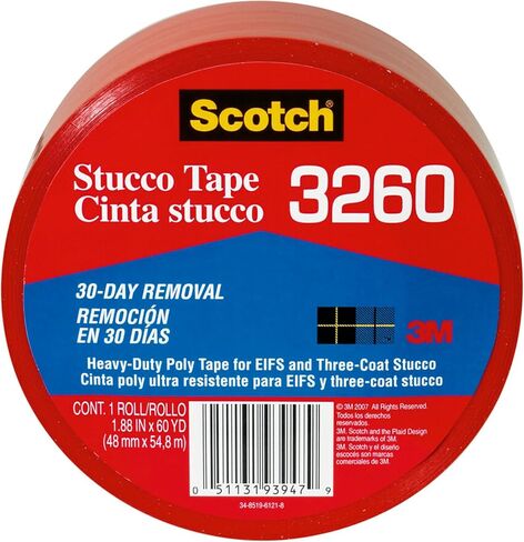 Scotch Stucco Tape, 1.88 in x 60yd, 30 Day Clean Removal, Heavy-Duty Outdoor Stucco Tape, UV & Moisture Resistant, Water Resistant Poly Backing, 1 Roll, Red (3260-A) in Kuwait