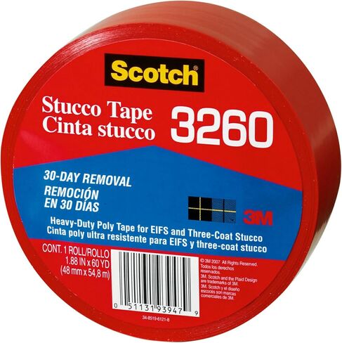 Scotch Stucco Tape, 1.88 in x 60yd, 30 Day Clean Removal, Heavy-Duty Outdoor Stucco Tape, UV & Moisture Resistant, Water Resistant Poly Backing, 1 Roll, Red (3260-A) in Kuwait