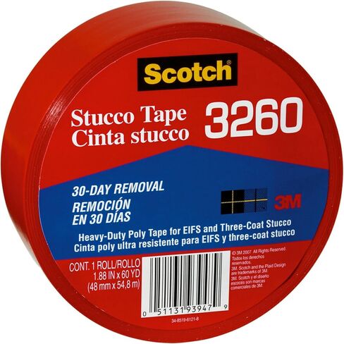 Scotch Stucco Tape, 1.88 in x 60yd, 30 Day Clean Removal, Heavy-Duty Outdoor Stucco Tape, UV & Moisture Resistant, Water Resistant Poly Backing, 1 Roll, Red (3260-A) in Kuwait