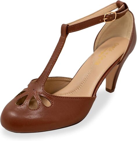 Chase & Chloe Women's Teardrop Cut Out T-Strap Mid Heel Dress Pumps in Kuwait