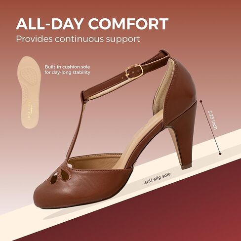 Chase & Chloe Women's Teardrop Cut Out T-Strap Mid Heel Dress Pumps in Kuwait