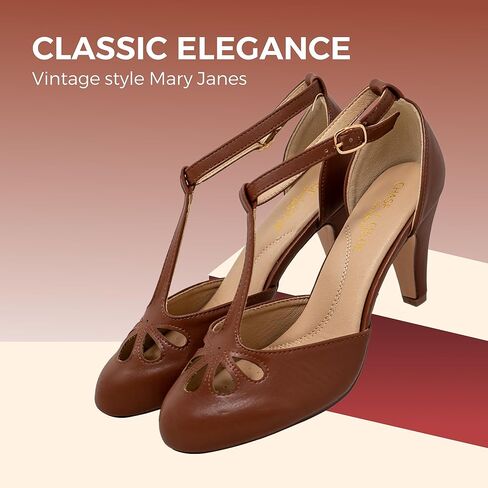 Chase & Chloe Women's Teardrop Cut Out T-Strap Mid Heel Dress Pumps in Kuwait