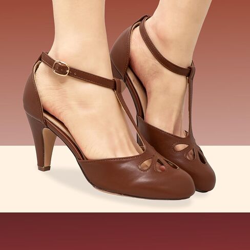 Chase & Chloe Women's Teardrop Cut Out T-Strap Mid Heel Dress Pumps in Kuwait