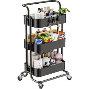 3 Tier Rolling Cart, Mobile Office Storage Cart with Handle and Lockable Wheels, Utility Organization with Metal Mesh Shelves for Kitchen Bedroom, White