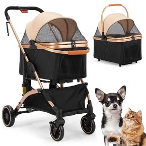 Coziwow 4-Wheel Pet Stroller, Premium 3-in-1 Foldable Dog Stroller for Small Medium Dogs with Detachable Carrier, Jogging Cat Travel Stroller, Black + Gold