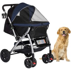HPZ Pet Rover Premium Heavy Duty Dog/Cat/Pet Stroller Travel Carriage With Convertible Compartment/Zipperless Entry/Reversible Handle/Pump-Free Rubber Tires for Small, Medium, Large Pets-Midnight Blue
