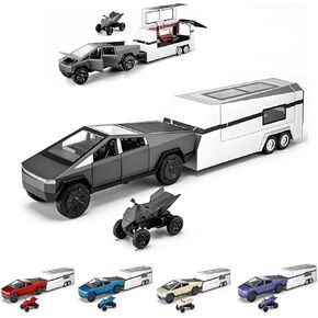Cyber Truck Toy Alloy Die-cast Truck Model with RV Motorcycle ATV Race Car Model 1/32 Metal Vehicle 3-in-1 Camping Car Set Gift for Kids Age for 6 Year Old and Up