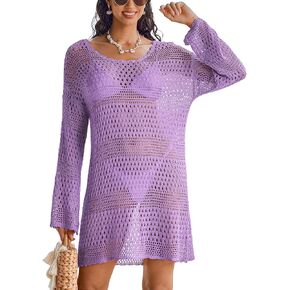 AI'MAGE Crochet Swim Cover Up Knitted Hollow Out Long Sleeve Swimsuit Coverup Womens Beach Cover Up