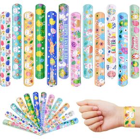 48 Pieces Easter Slap Bracelets Bulk Party Favors for Kids - 12 Designs Spring and Easter Themed Snap Bands, Classroom Exchanges, Goodie Bag Fillers Stuffers, Wrist Decorations Gifts Prizes Supplies