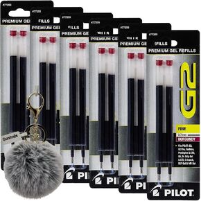 G2 Gel Pen Refills, Fine Point 0.7, 2 Count, Burgundy Ink - with Suretails Pompom Balls Fluffy Keychain, Compatible with Multiple Models, Smooth Writing Experience [Pack of 6 in Kuwait