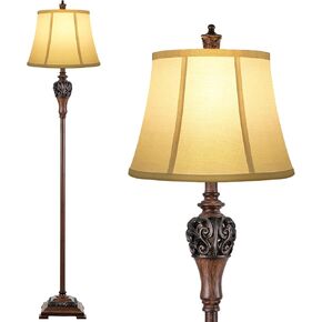 Vintage Floor Lamp for Living Room & Bedroom - Traditional Farmhouse & Mid-Century Design with White Fabric Shade & Rustic Elegant Lighting