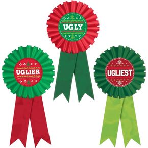 Festive Green & Red Ugly Sweater Contest Award Ribbon -3" x 6" (Set of 3) - Show-Stopping Ribbons - Perfect for Unforgettable Holiday Party Fun & Recognition