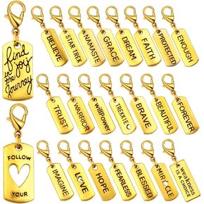 24pcs Antique Golden Clip-on Inspiration Charms Engraved Motivational Word Dangle Pendant Charms with Lobster Clasp for DIY Jewelry Making Accessory, 24 Styles