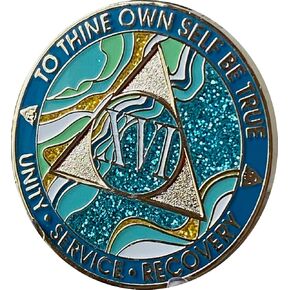 16 Year AA Medallion Elegant Marble Caribbean Aqua Glitter Blue Gold Plated Chip