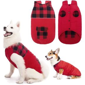 BINGPET Reversible Dog Winter Coat - Polar Fleece/Cotton Jacket, Red Plaid & Red, Medium - Body Length 16", Winter, Unisex, Dog, Coat