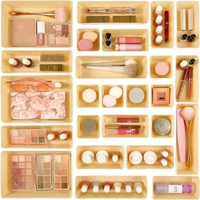 VTOPMART 25 PCS مجموعة درج بلاستيكية واضحة ، وحمام متعدد الاستخدامات ، وصواني منظمات درج الغرور ، وصناديق تخزين للمكياج ، وغرفة النوم ، وأدوات المطبخ والمكتب