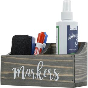 MyGift Magnetic Mount Vintage Gray Solid Wood Dry Erase Marker and Eraser Holder with 2 Compartments, Desktop Office Supplies Storage Organizer Bin with White Cursive Marker Lettering