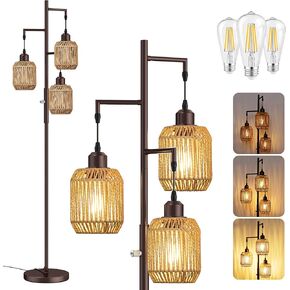ROTTOGOON Dimmable Boho Floor Lamp - 3 Light Farmhouse Rattan Floor Lamp for Living Room, Industrial Tree Floor Lamps with 3 X 6W LED Bulbs, Rustic Standing Tall Lamp for Bedroom, Office, 68", Black