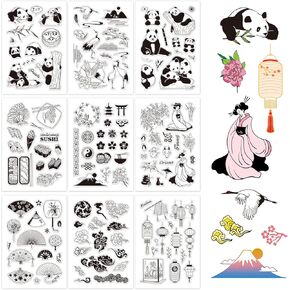 GLOBLELAND 9 Sheets Oriental Style Silicone Clear Stamps Seal for Card Making Decoration and DIY Scrapbooking(The Panda, Red-Crowned Cranes, Sushi, Geisha, The Fan, Cloud, The Lantern)