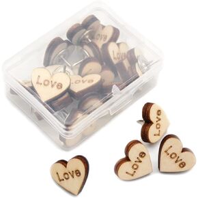 20Pcs Wooden Heart Shape Push Pins Decorative Push Pins with Box for Board Decorations, Artworks, Notes, Photos, DIY Craft, School, Office and Home Decorative
