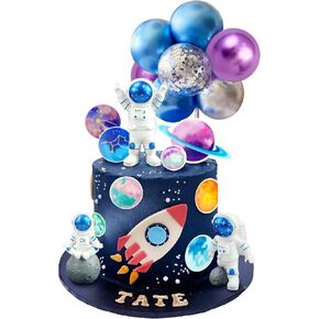 24PCS Space Cake Topper Balloon Cake Topper Planet Cake Topper with Astronauts Purple Blue Sliver Balloons for Kids Outer Space Theme Decoration Boys Girls Baby Shower Galaxy Birthday Party Supplies