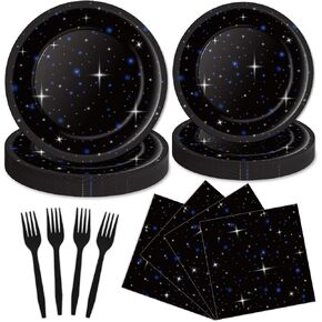 100Pcs Stars Birthday Party Decorations for Galaxy Birthday Tableware Set Outer Space Paper Plates Napkins Forks for 25 Guests Night Sky Disposable Dinnerware Table Party Favors Supplies
