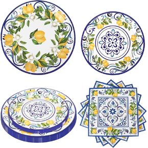 108 PCS Capri Lemon Party Party Plates and Napkins Blue Tiles Mediterranean Party Decor