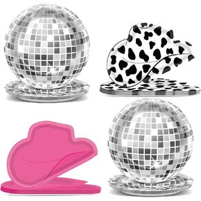 48Pcs Western Cowgirl Party Paper Plates for Western Themed Party Supplies Cow Print Themed Party Hat Shaped Plates Hot Pink Disco Ball Plates for Girls Birthday 80s 90s Disco Shower Party Decorations